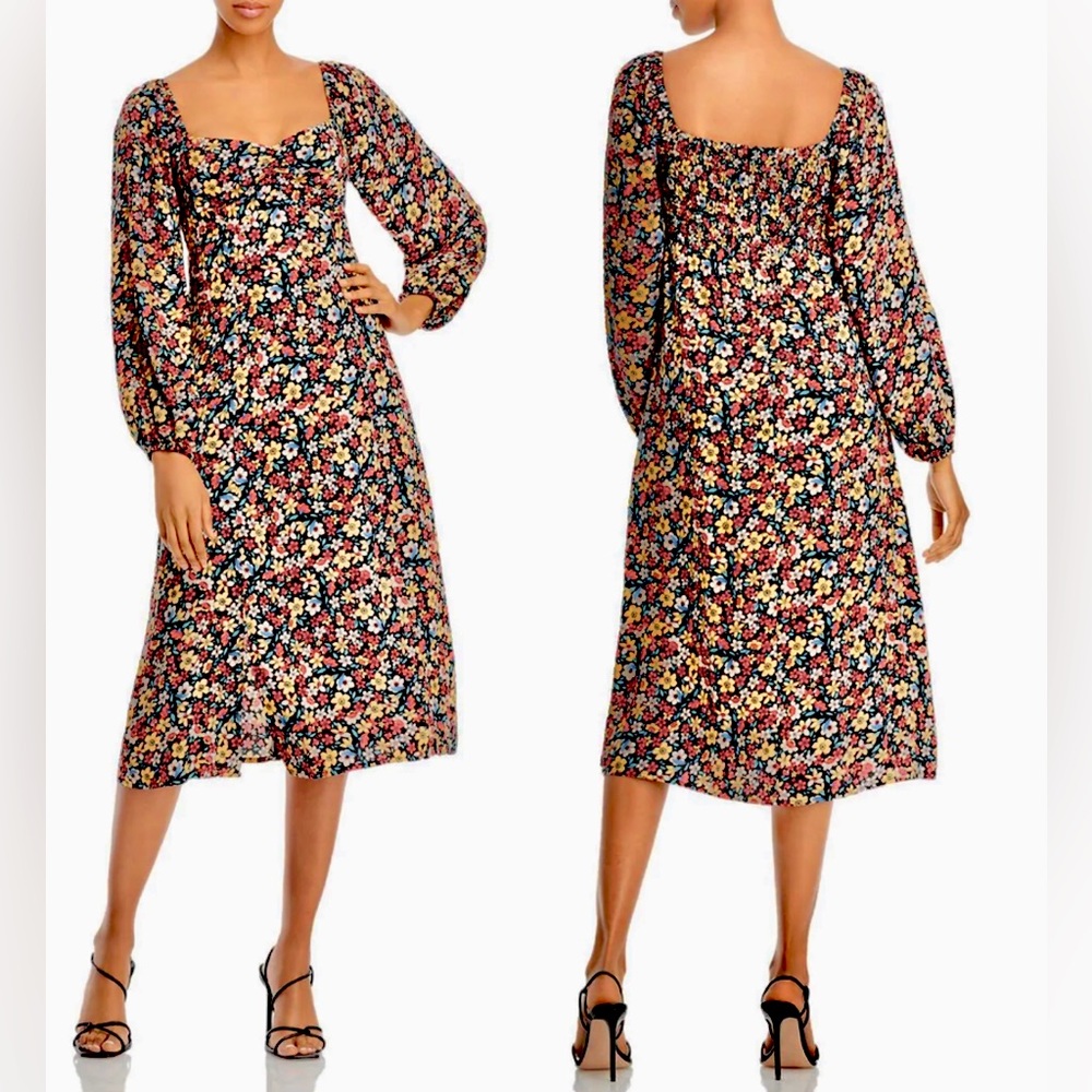 NWT (XS) LOST+WANDER flower floral midi square smocked sweetheart neckline calf